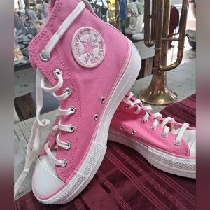 Converse Pink Canvas High-Tops with White Detailsl